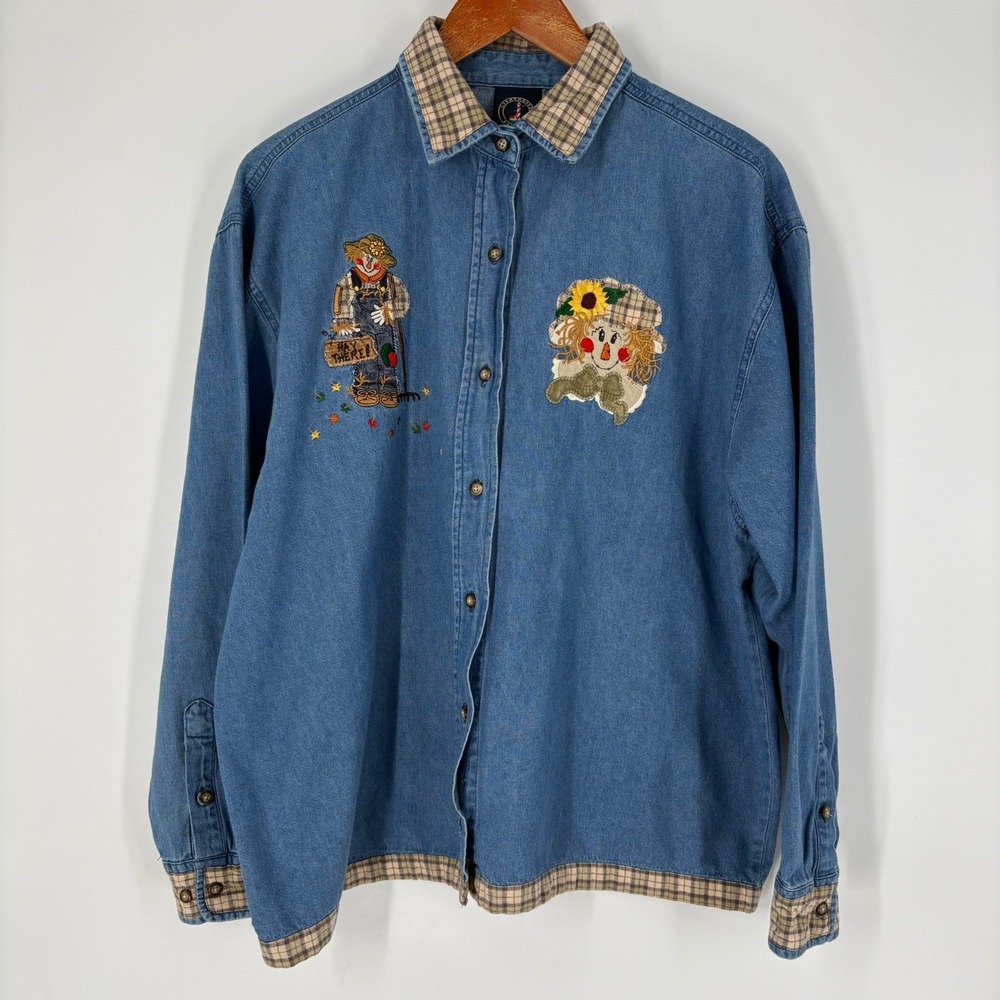 Lighthouse Apparel Vintage Denim Scarecrow Plaid Trim Button Down Shirt XL Blue
